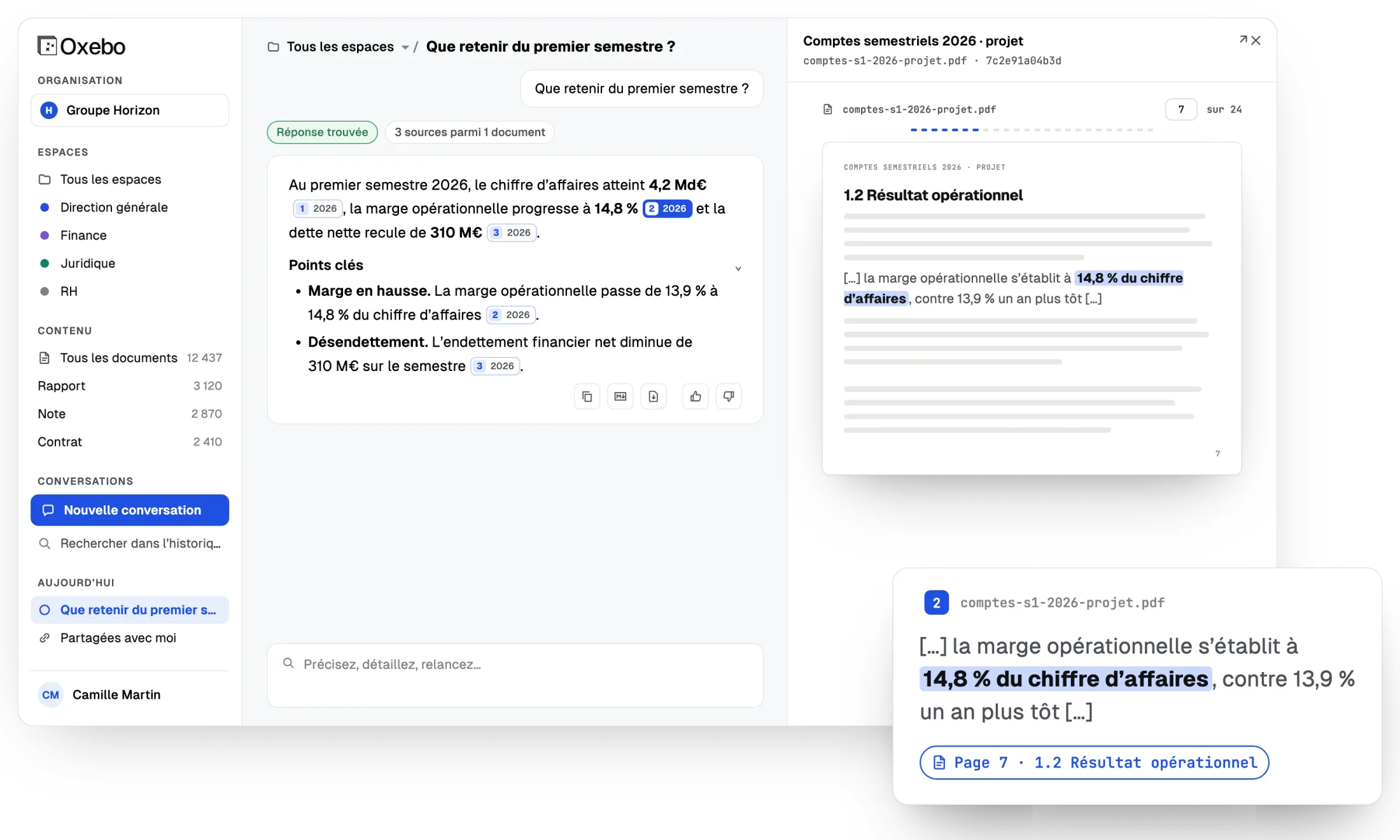 Écran de l’application Oxebo. À la question « Que retenir du premier semestre ? », la réponse donne trois chiffres, chacun avec son renvoi ; la source du deuxième est ouverte page 7, et son passage, repris en grand, est surligné : « la marge opérationnelle s’établit à 14,8 % du chiffre d’affaires ».